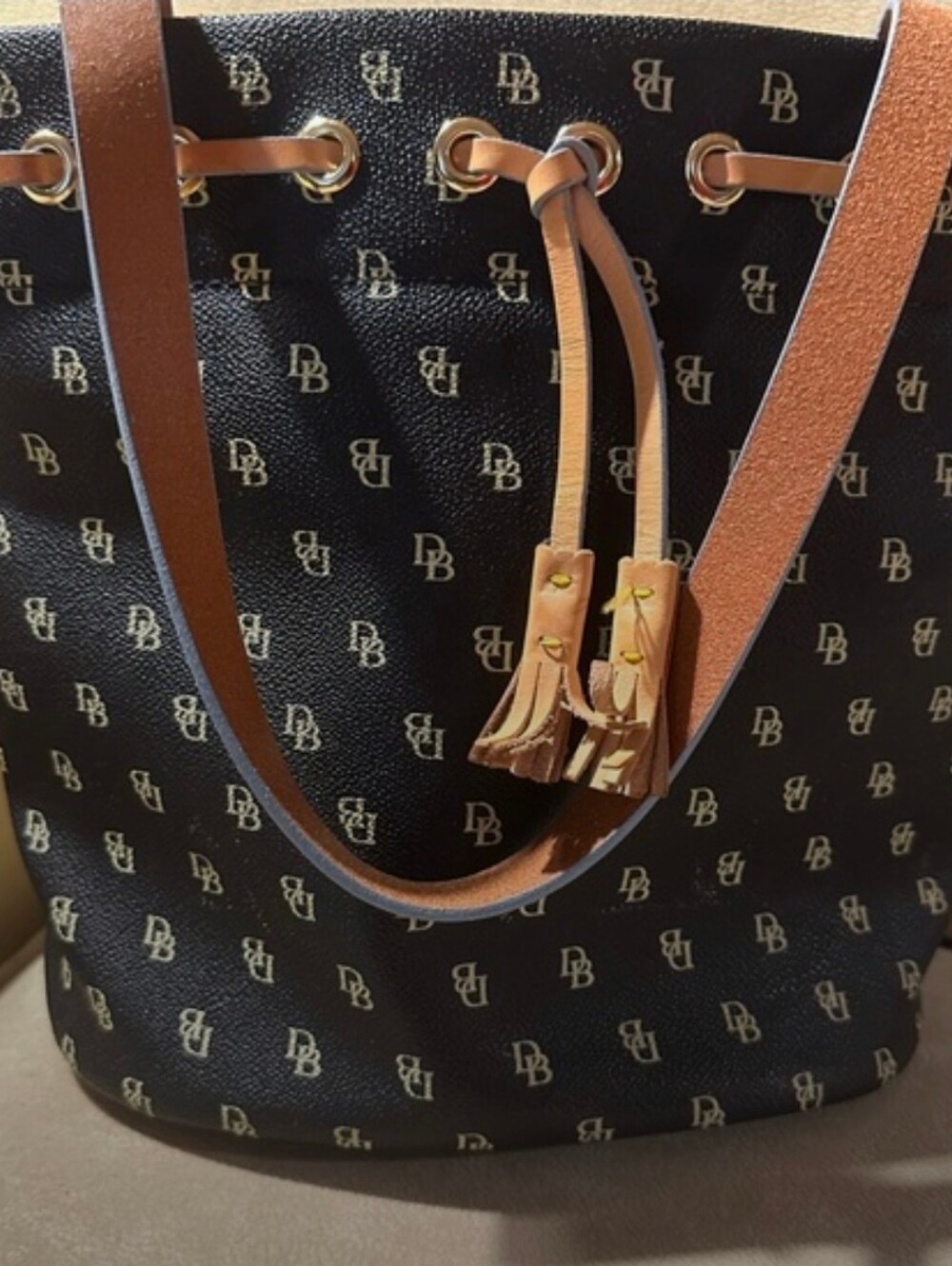 Dooney & Bourke Black Logo Drawstring Tote with Tan Straps